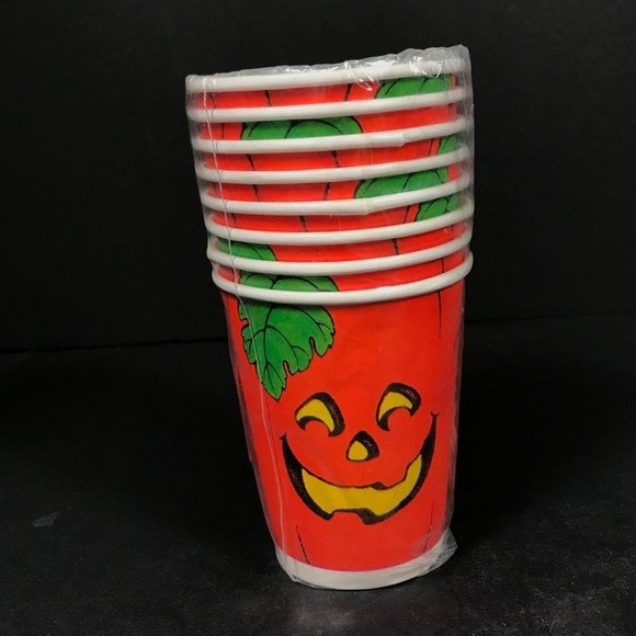 Vintage Halloween hot cold paper drink cups 8 Hallmark Jack o lantern NEW - Picture 1 of 10